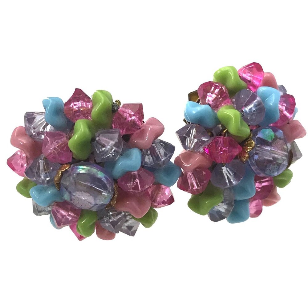 W Germany Pink Blue Green Plastic, Molded Glass Beaded Clip On Earrings M72